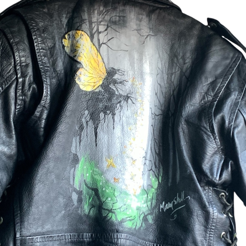 Vintage Black Leather Jacket Coat Artist Signed Mary Shell Fairy Painting Back - Picture 2 of 16